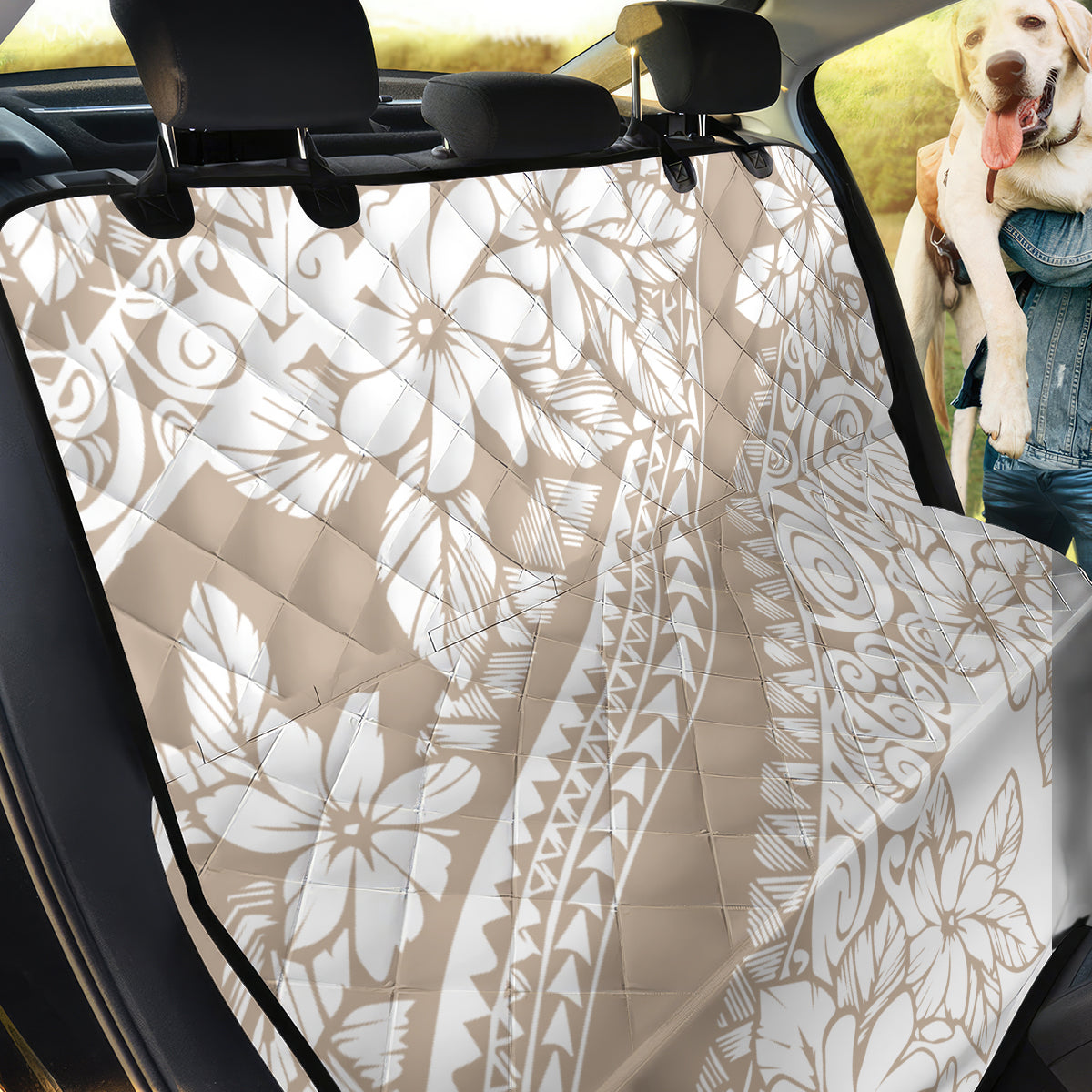 Polynesia Back Car Seat Cover Polynesian Tropical Flowers Begie Pastel Vibes - Wonder Print Shop