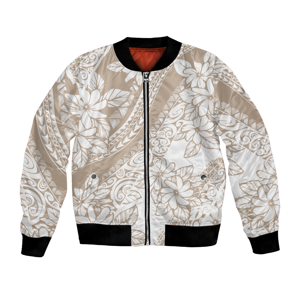 Polynesia Bomber Jacket Polynesian Tropical Flowers Beige Pastel Vibes - Wonder Print Shop