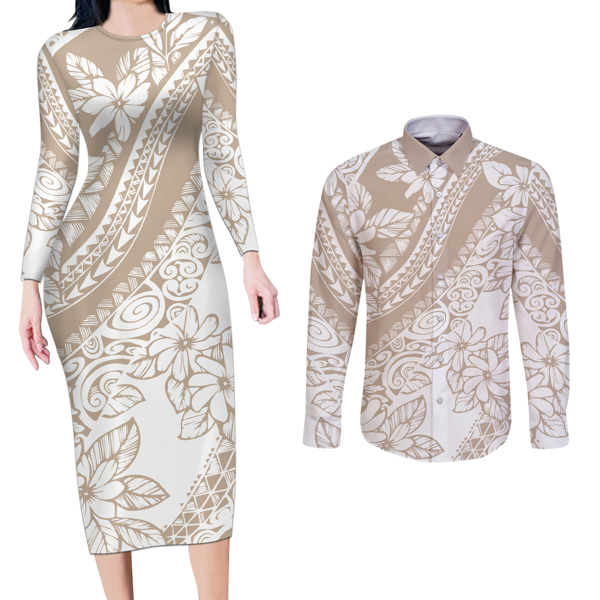 Polynesia Couples Matching Long Sleeve Bodycon Dress and Long Sleeve Button Shirts Polynesian Tropical Flowers Beige Pastel Vibes - Wonder Print Shop