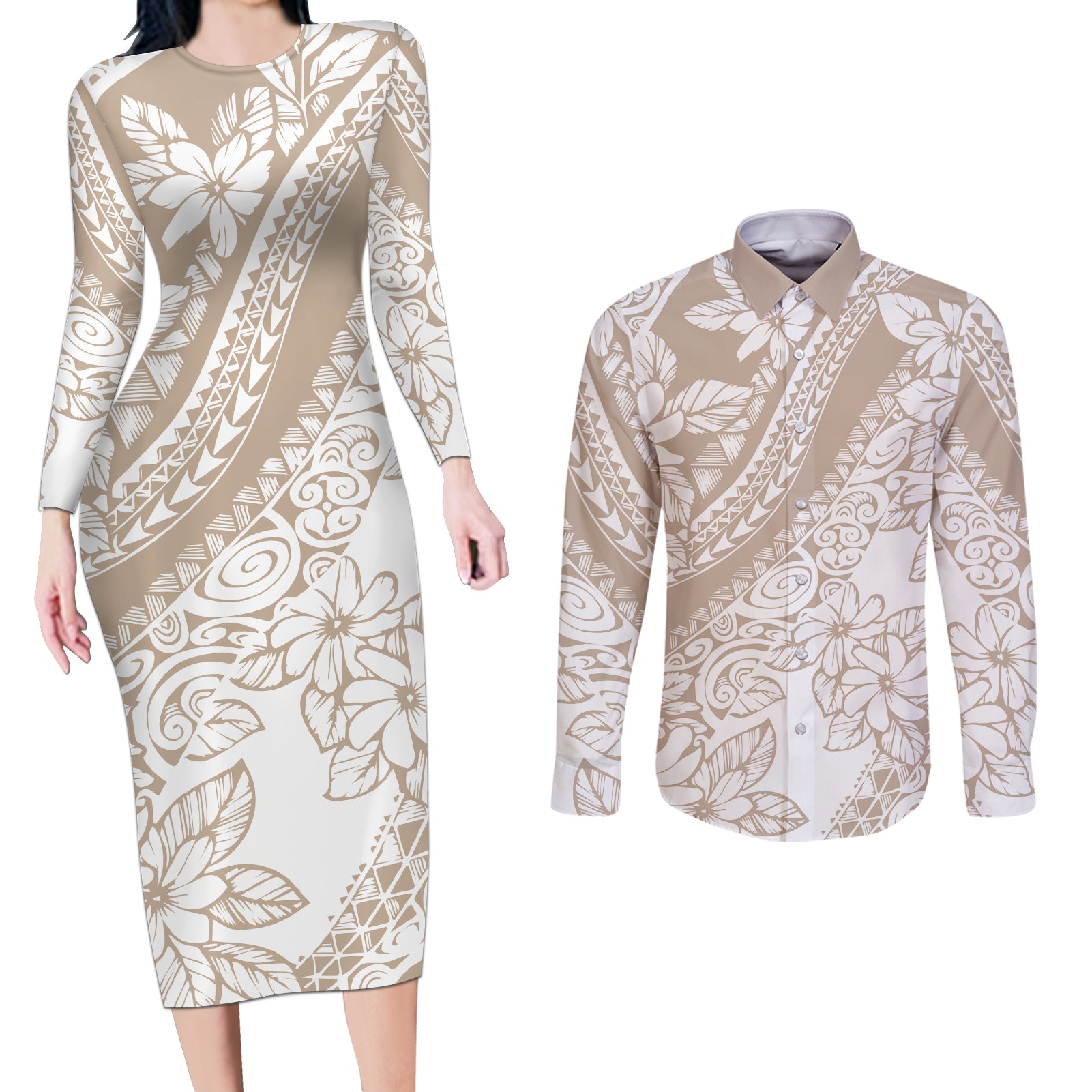Polynesia Couples Matching Long Sleeve Bodycon Dress and Long Sleeve Button Shirts Polynesian Tropical Flowers Beige Pastel Vibes - Wonder Print Shop