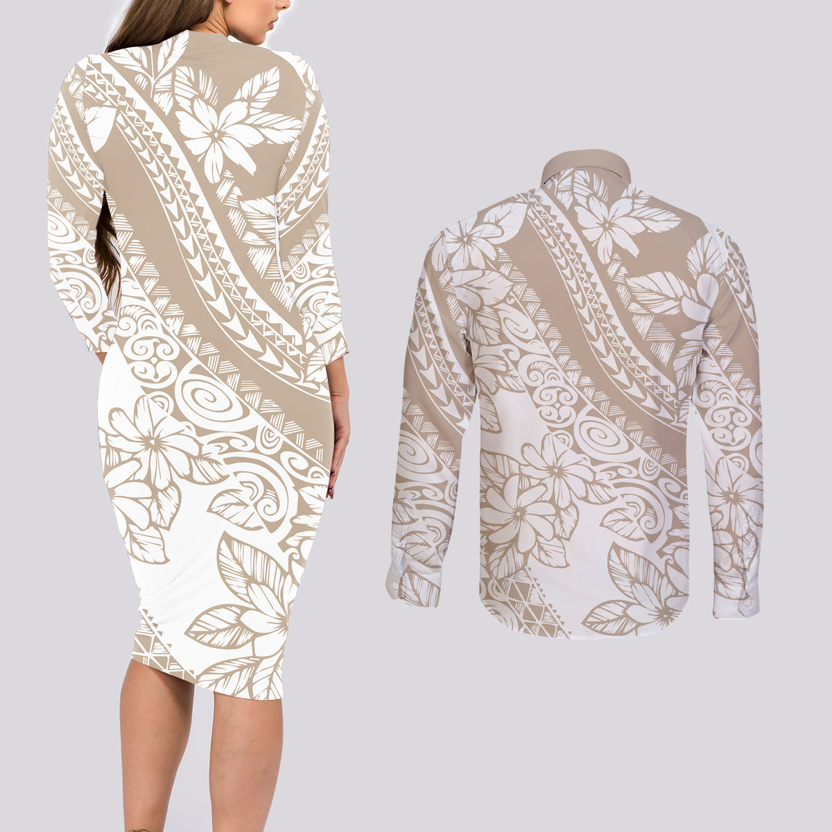 Polynesia Couples Matching Long Sleeve Bodycon Dress and Long Sleeve Button Shirts Polynesian Tropical Flowers Beige Pastel Vibes - Wonder Print Shop