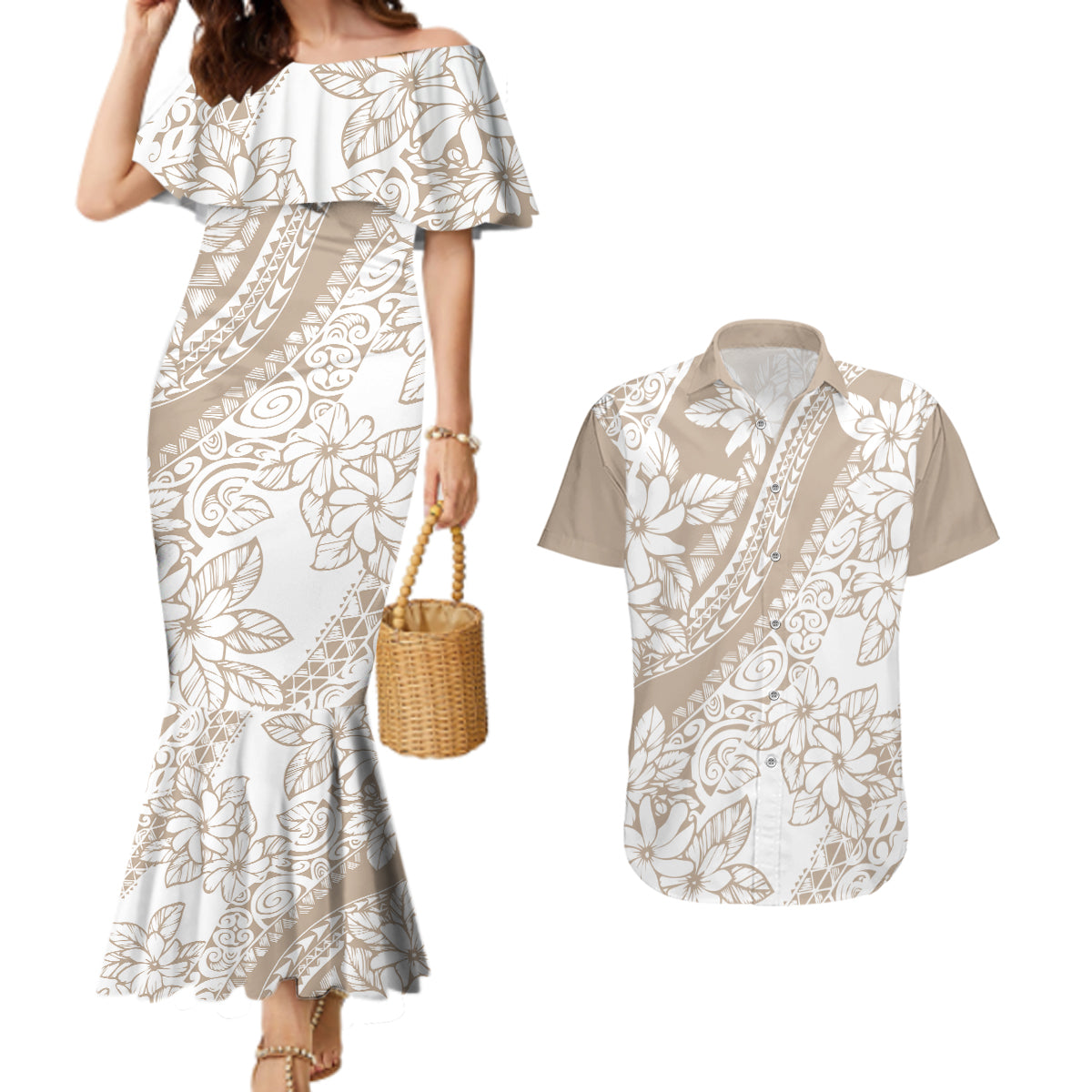Polynesia Couples Matching Mermaid Dress and Hawaiian Shirt Polynesian Tropical Flowers Beige Pastel Vibes - Wonder Print Shop