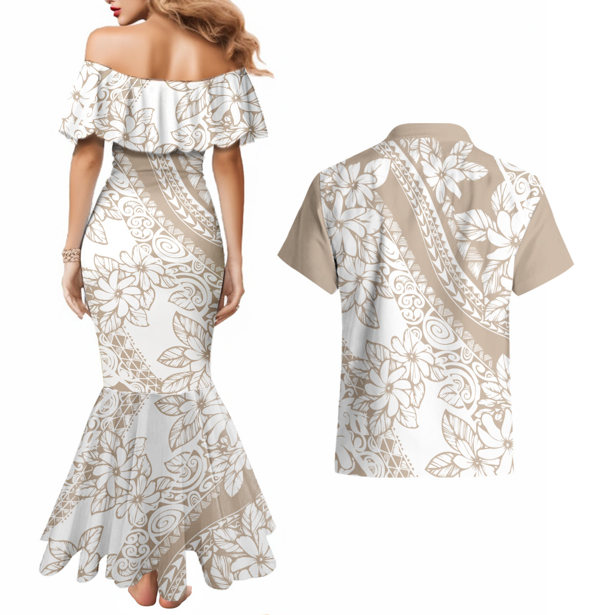 Polynesia Couples Matching Mermaid Dress and Hawaiian Shirt Polynesian Tropical Flowers Beige Pastel Vibes - Wonder Print Shop