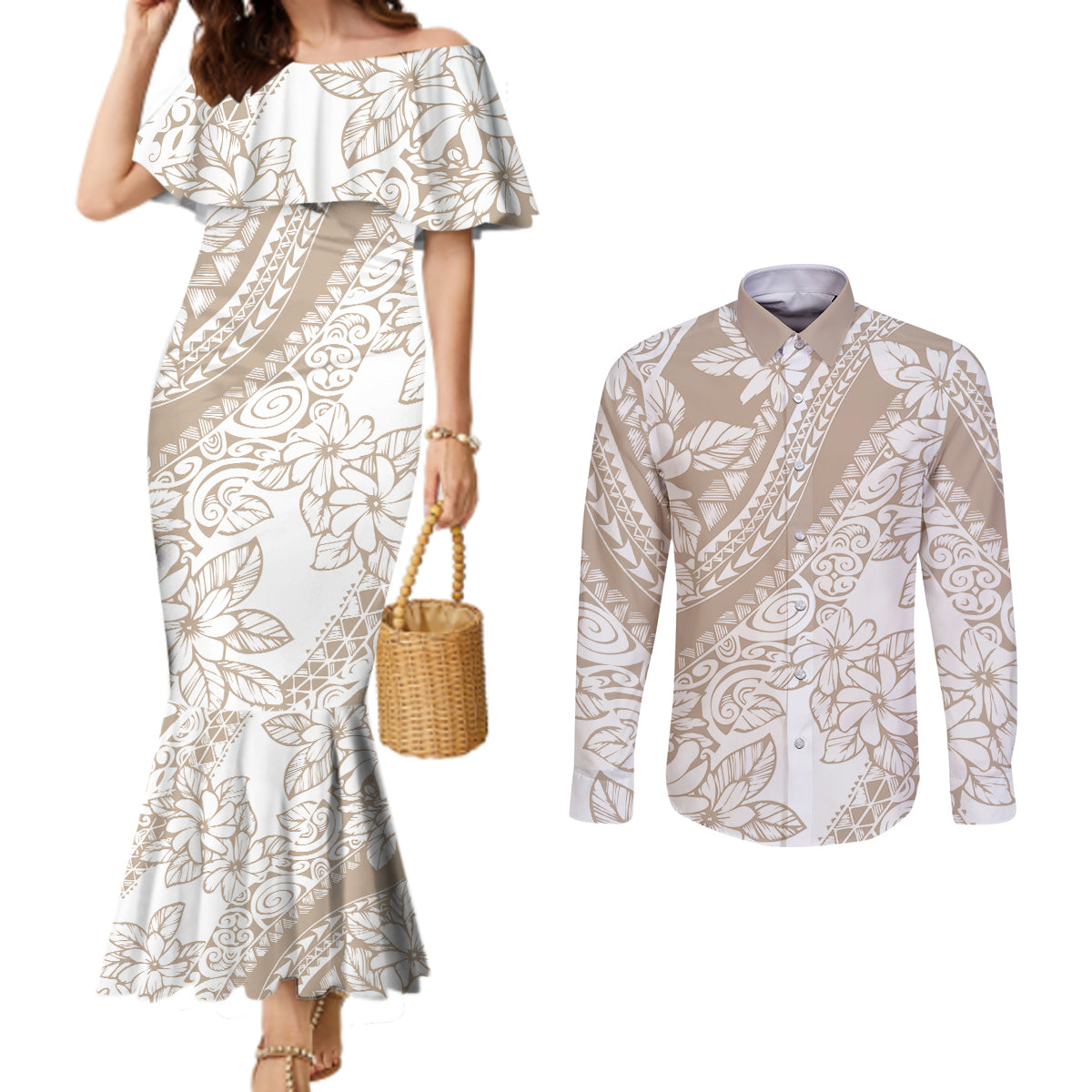 polynesia-couples-matching-mermaid-dress-and-long-sleeve-button-shirts-polynesian-tropical-flowers-begie-pastel-vibes