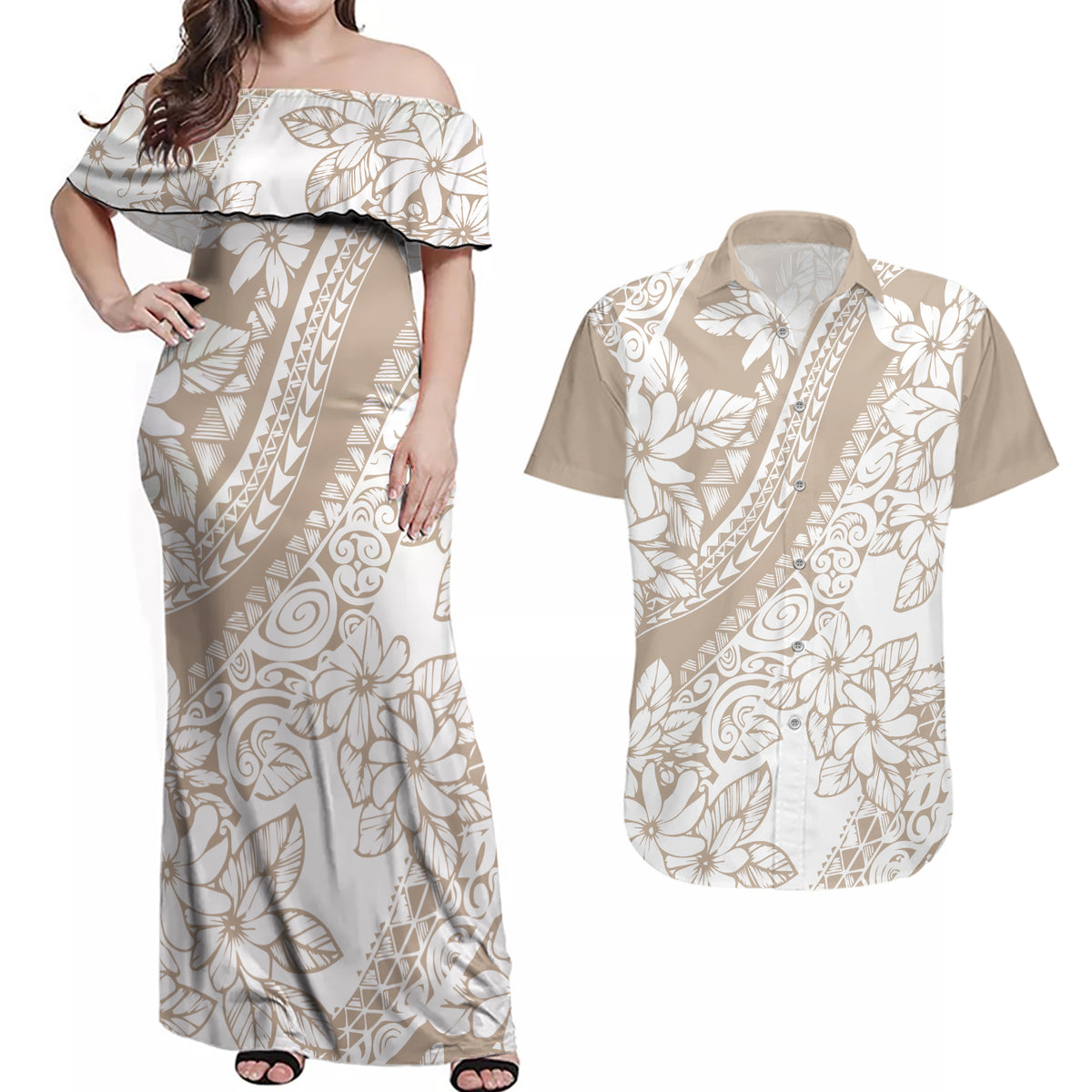 Polynesia Couples Matching Off Shoulder Maxi Dress and Hawaiian Shirt Polynesian Tropical Flowers Beige Pastel Vibes - Wonder Print Shop