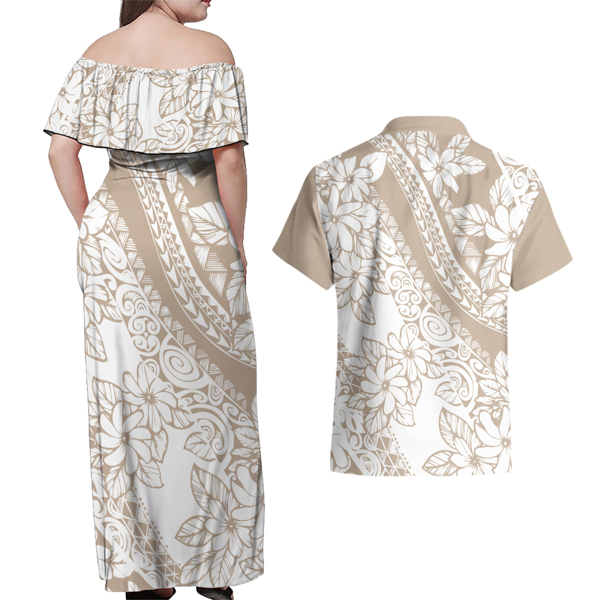 Polynesia Couples Matching Off Shoulder Maxi Dress and Hawaiian Shirt Polynesian Tropical Flowers Beige Pastel Vibes - Wonder Print Shop