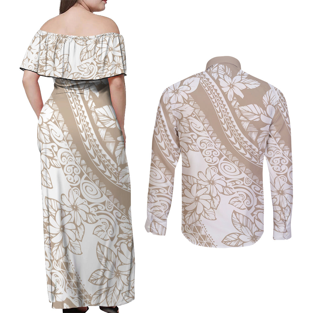 Polynesia Couples Matching Off Shoulder Maxi Dress and Long Sleeve Button Shirts Polynesian Tropical Flowers Beige Pastel Vibes - Wonder Print Shop