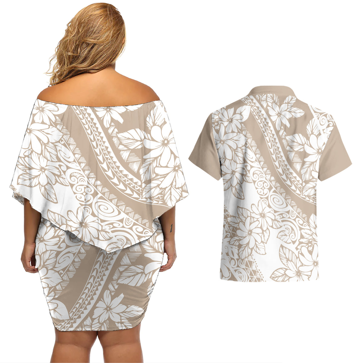 Polynesia Couples Matching Off Shoulder Short Dress and Hawaiian Shirt Polynesian Tropical Flowers Beige Pastel Vibes - Wonder Print Shop