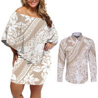 Polynesia Couples Matching Off Shoulder Short Dress and Long Sleeve Button Shirts Polynesian Tropical Flowers Beige Pastel Vibes - Wonder Print Shop