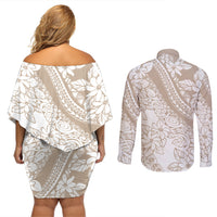 Polynesia Couples Matching Off Shoulder Short Dress and Long Sleeve Button Shirts Polynesian Tropical Flowers Beige Pastel Vibes - Wonder Print Shop