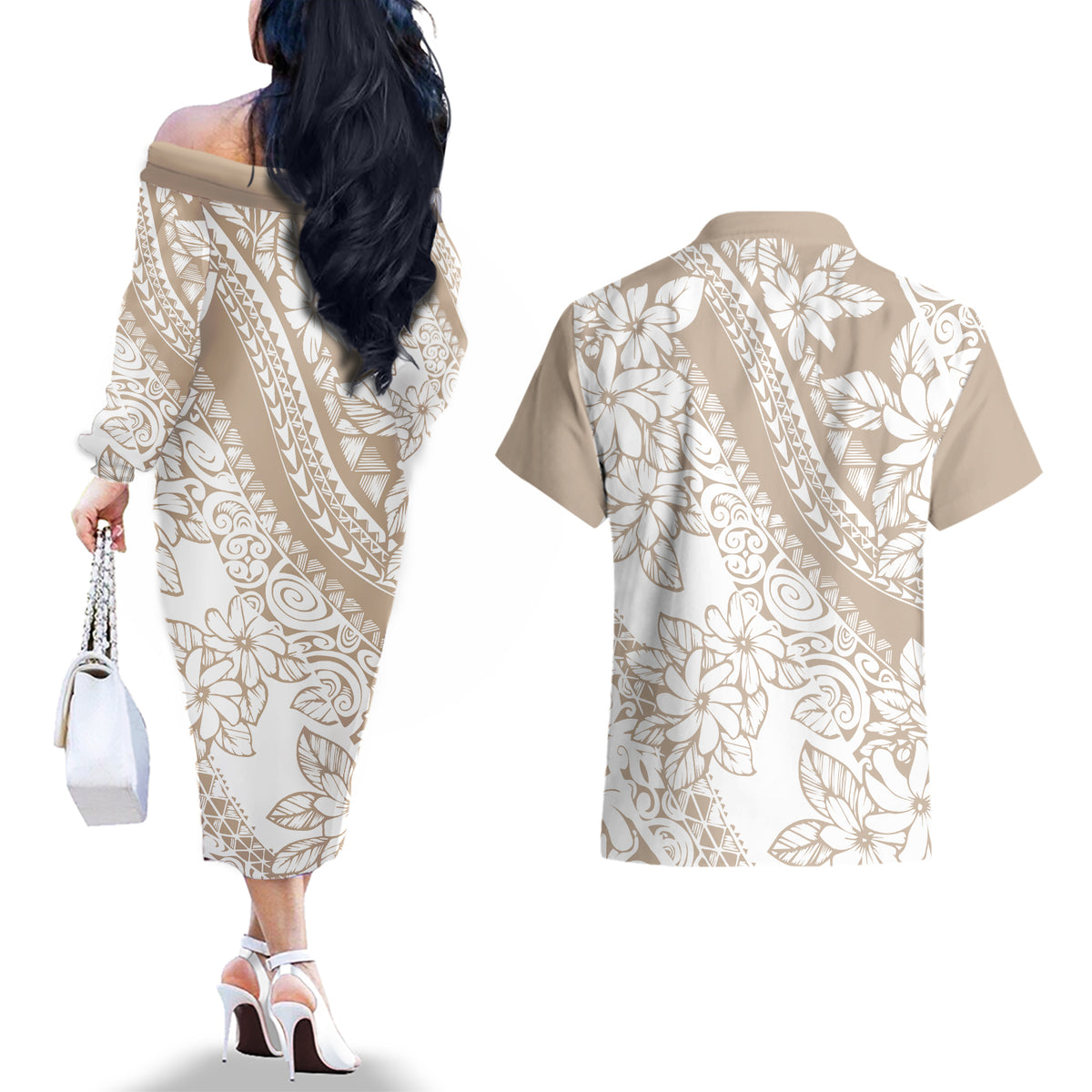 Polynesia Couples Matching Off The Shoulder Long Sleeve Dress and Hawaiian Shirt Polynesian Tropical Flowers Beige Pastel Vibes - Wonder Print Shop