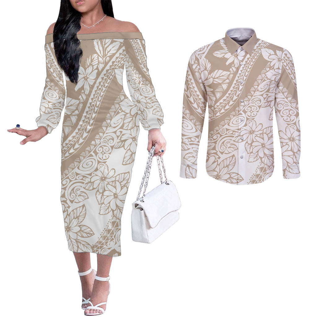 polynesia-couples-matching-off-the-shoulder-long-sleeve-dress-and-long-sleeve-button-shirts-polynesian-tropical-flowers-begie-pastel-vibes