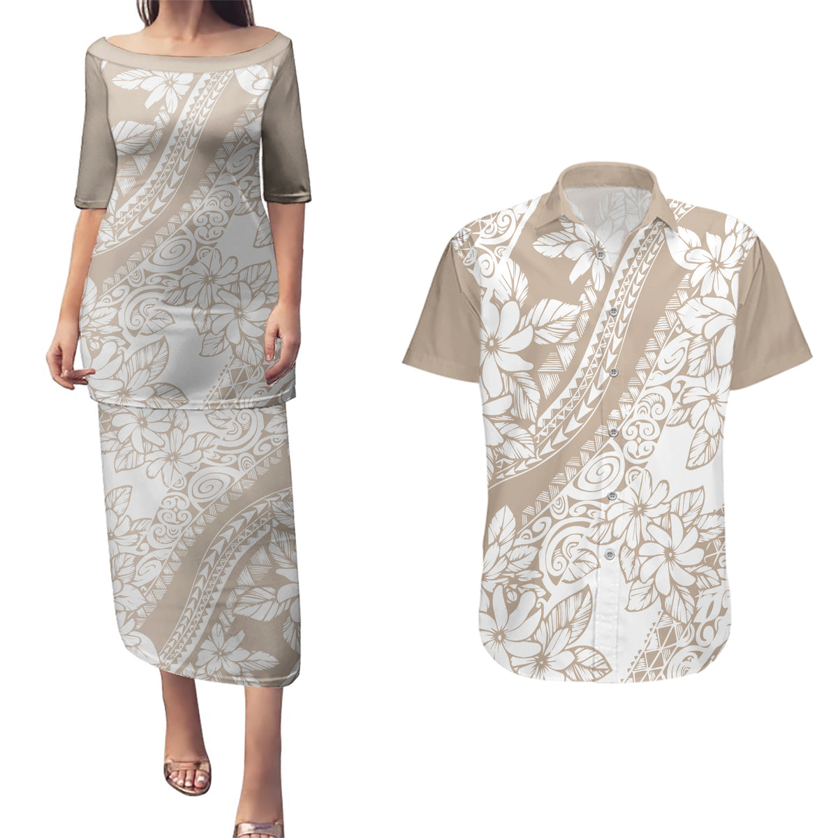 Polynesia Couples Matching Puletasi Dress and Hawaiian Shirt Polynesian Tropical Flowers Beige Pastel Vibes - Wonder Print Shop