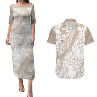 Polynesia Couples Matching Puletasi Dress and Hawaiian Shirt Polynesian Tropical Flowers Beige Pastel Vibes - Wonder Print Shop