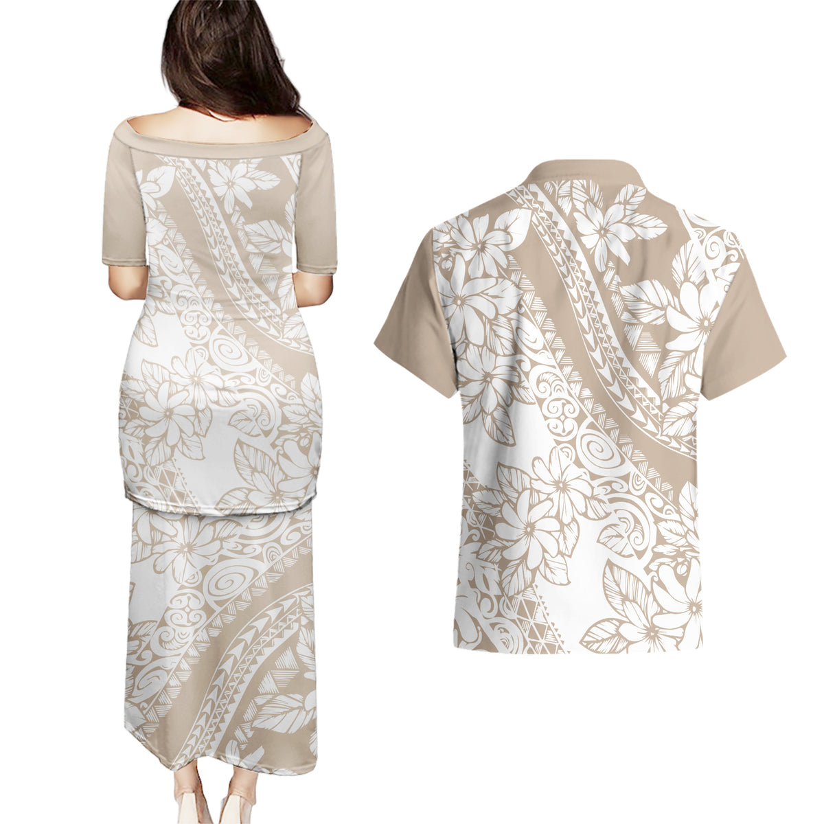 Polynesia Couples Matching Puletasi Dress and Hawaiian Shirt Polynesian Tropical Flowers Beige Pastel Vibes - Wonder Print Shop