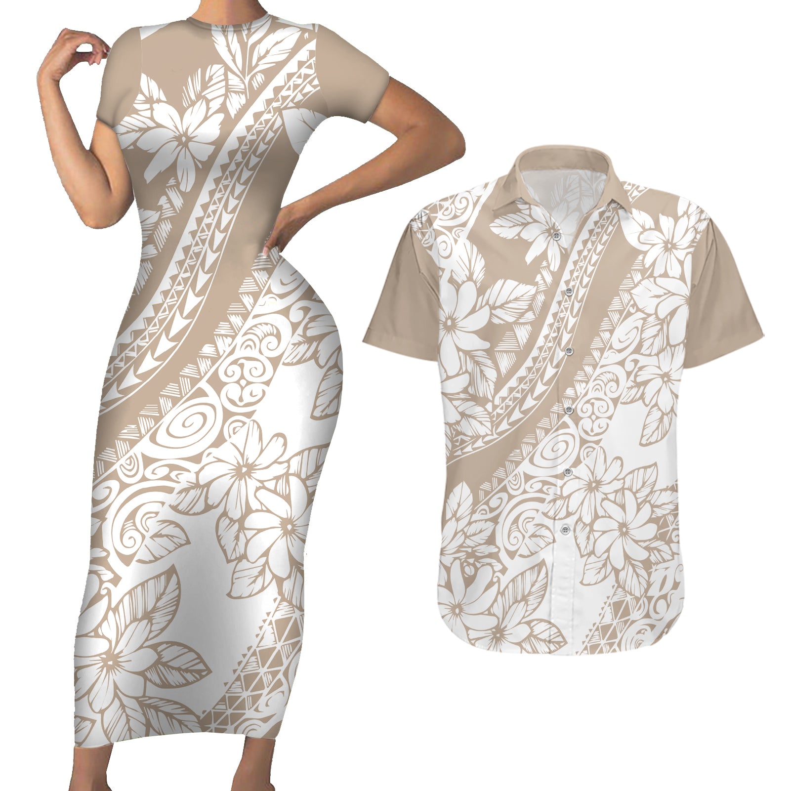 Polynesia Couples Matching Short Sleeve Bodycon Dress and Hawaiian Shirt Polynesian Tropical Flowers Beige Pastel Vibes - Wonder Print Shop