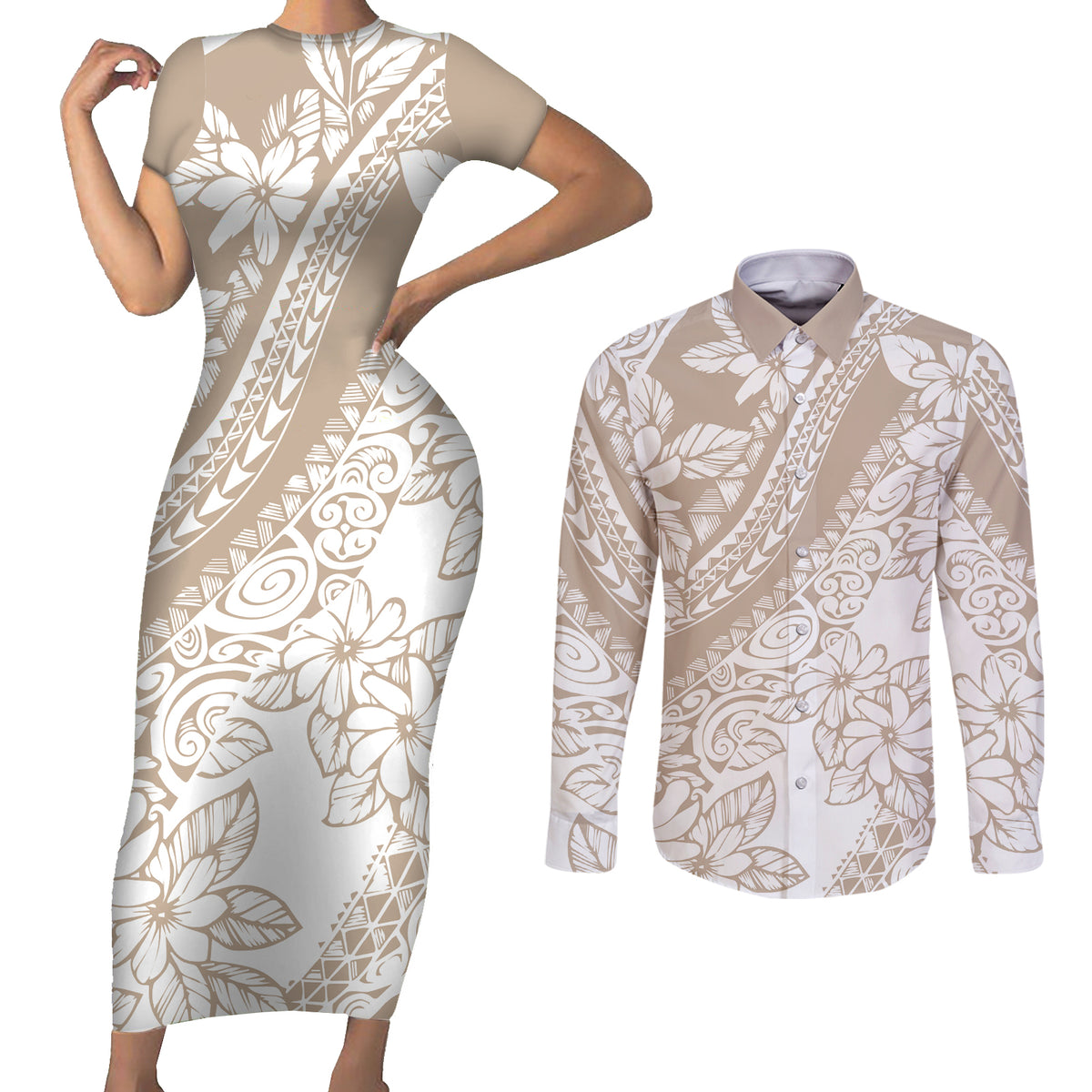 Polynesia Couples Matching Short Sleeve Bodycon Dress and Long Sleeve Button Shirts Polynesian Tropical Flowers Beige Pastel Vibes - Wonder Print Shop