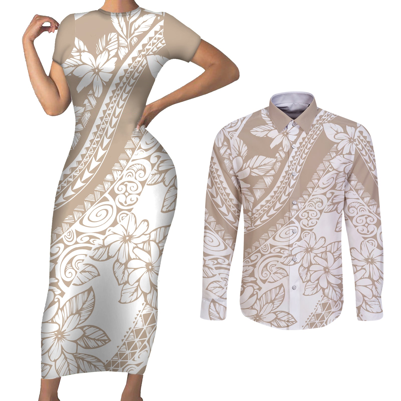 Polynesia Couples Matching Short Sleeve Bodycon Dress and Long Sleeve Button Shirts Polynesian Tropical Flowers Beige Pastel Vibes - Wonder Print Shop