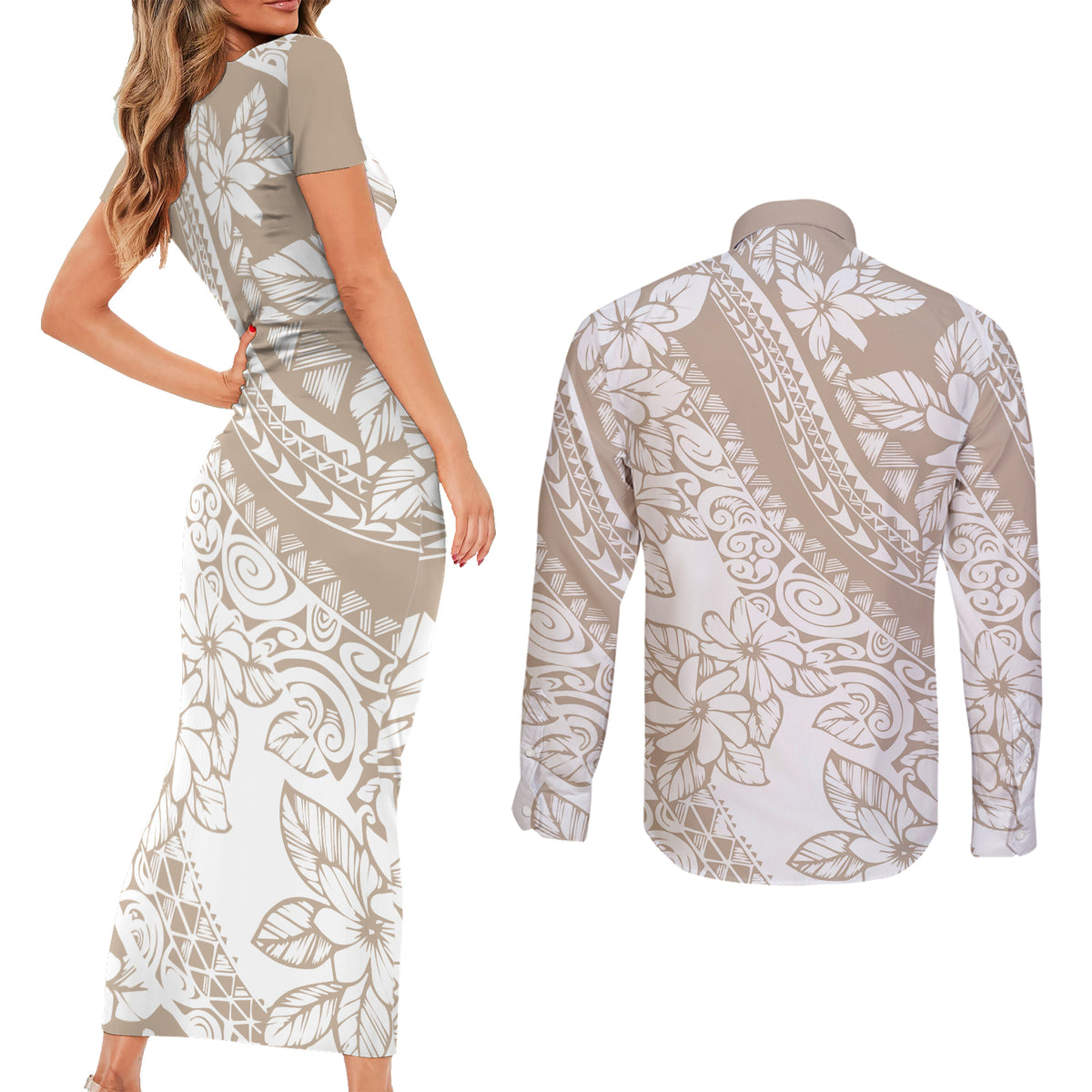 Polynesia Couples Matching Short Sleeve Bodycon Dress and Long Sleeve Button Shirts Polynesian Tropical Flowers Beige Pastel Vibes - Wonder Print Shop