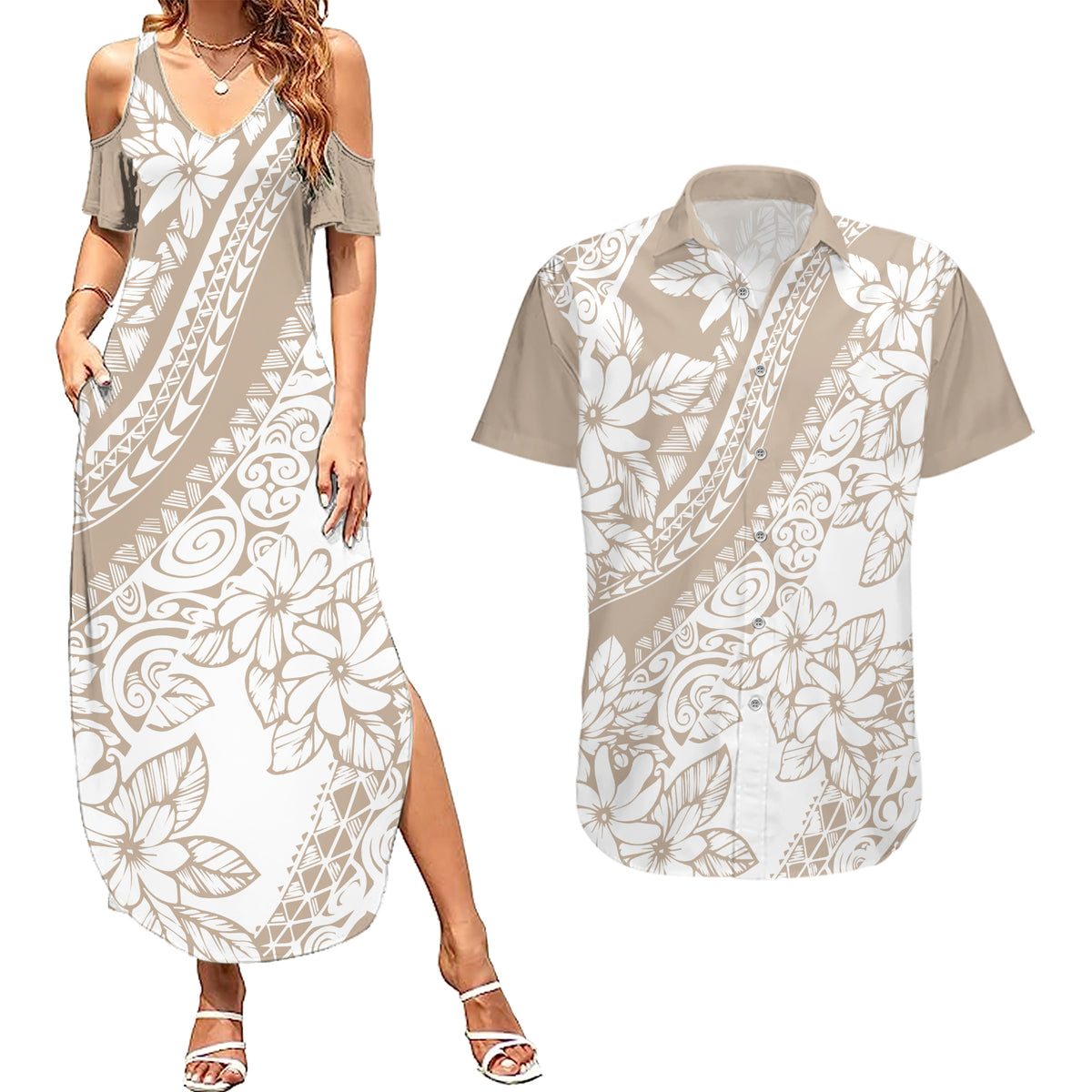Polynesia Couples Matching Summer Maxi Dress and Hawaiian Shirt Polynesian Tropical Flowers Beige Pastel Vibes - Wonder Print Shop