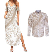 Polynesia Couples Matching Summer Maxi Dress and Long Sleeve Button Shirts Polynesian Tropical Flowers Beige Pastel Vibes - Wonder Print Shop