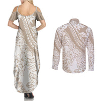 Polynesia Couples Matching Summer Maxi Dress and Long Sleeve Button Shirts Polynesian Tropical Flowers Beige Pastel Vibes - Wonder Print Shop
