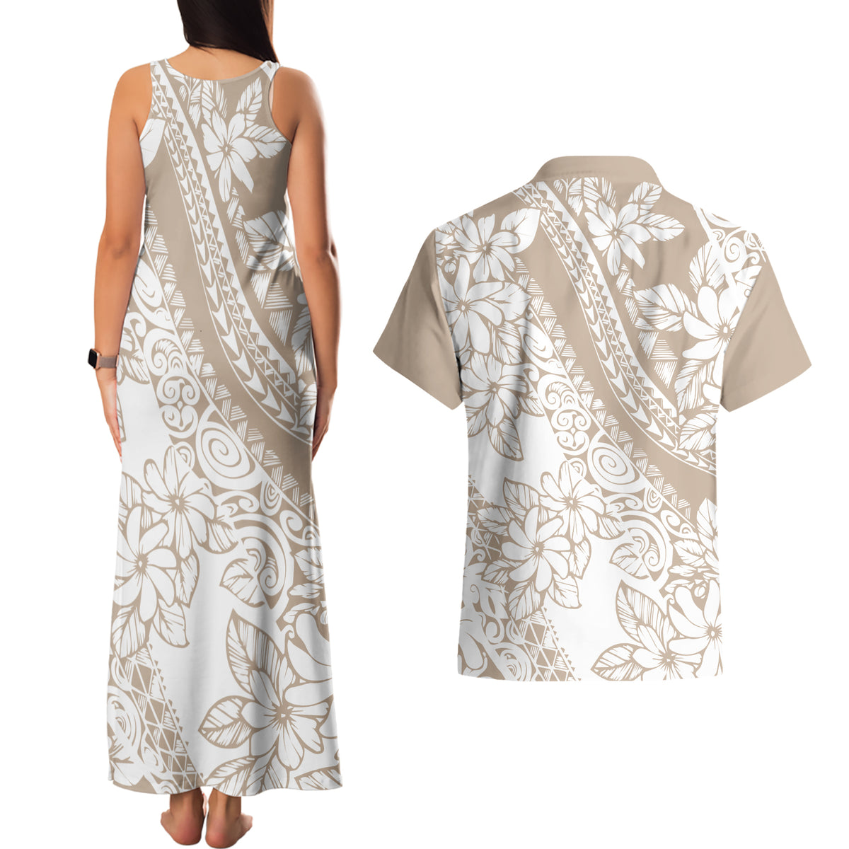 Polynesia Couples Matching Tank Maxi Dress and Hawaiian Shirt Polynesian Tropical Flowers Beige Pastel Vibes - Wonder Print Shop
