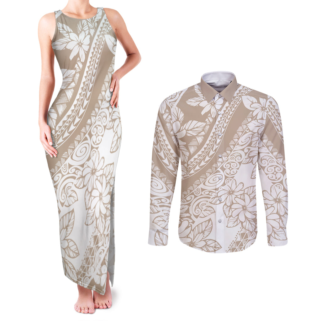 Polynesia Couples Matching Tank Maxi Dress and Long Sleeve Button Shirts Polynesian Tropical Flowers Beige Pastel Vibes - Wonder Print Shop