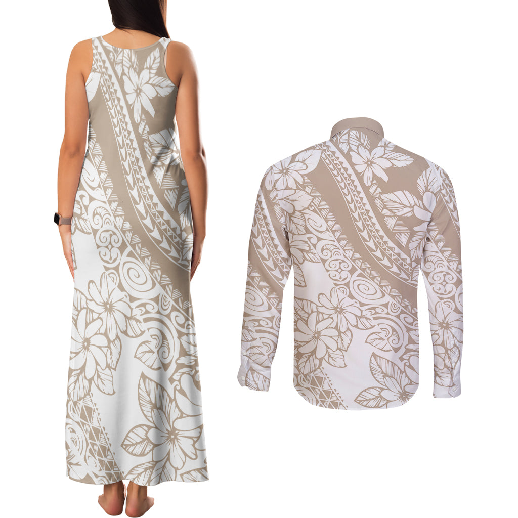 Polynesia Couples Matching Tank Maxi Dress and Long Sleeve Button Shirts Polynesian Tropical Flowers Beige Pastel Vibes - Wonder Print Shop