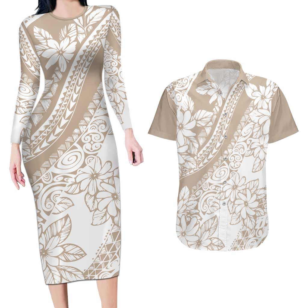 Polynesia Couples Matching Long Sleeve Bodycon Dress and Hawaiian Shirt Polynesian Tropical Flowers Beige Pastel Vibes LT14