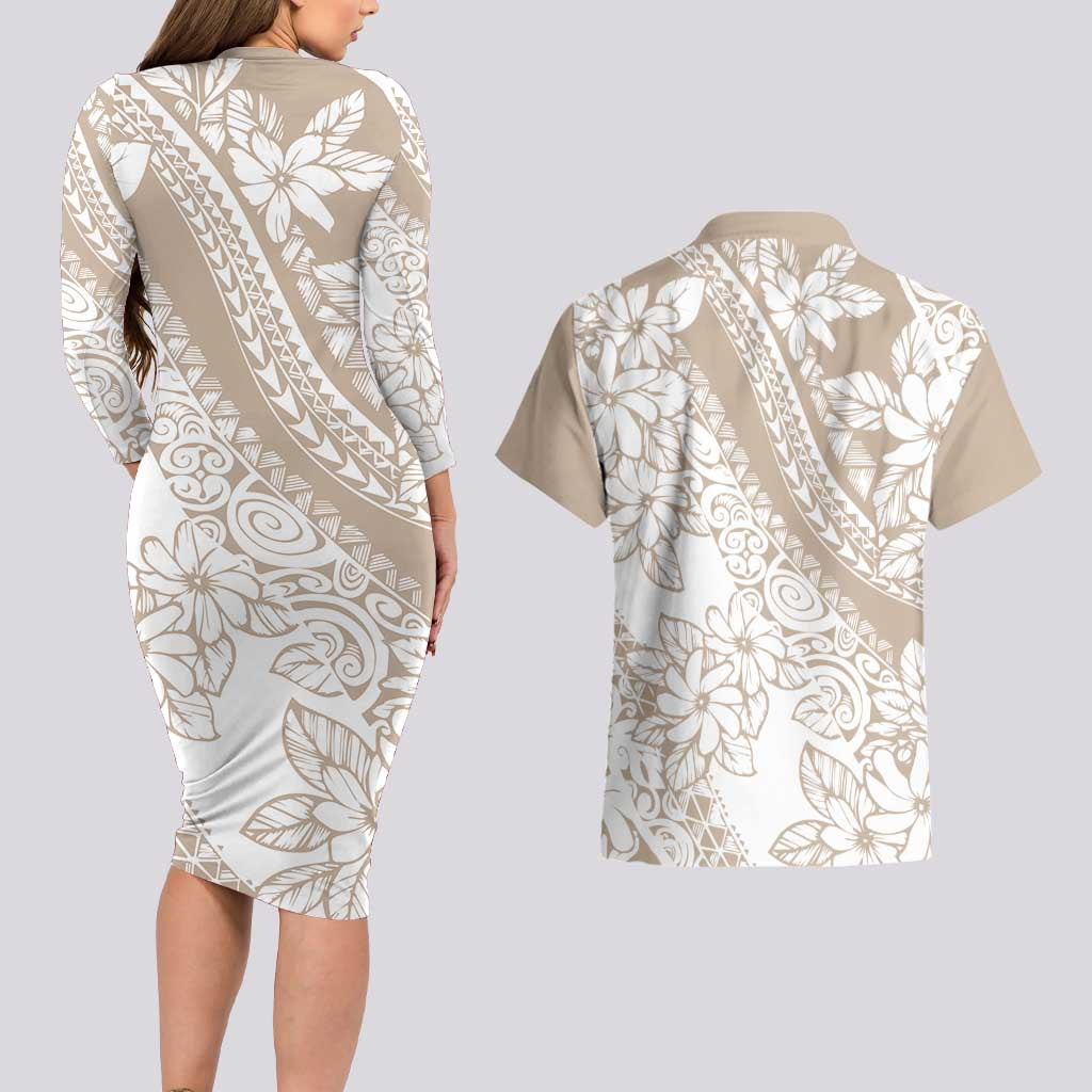 Polynesia Couples Matching Long Sleeve Bodycon Dress and Hawaiian Shirt Polynesian Tropical Flowers Beige Pastel Vibes LT14