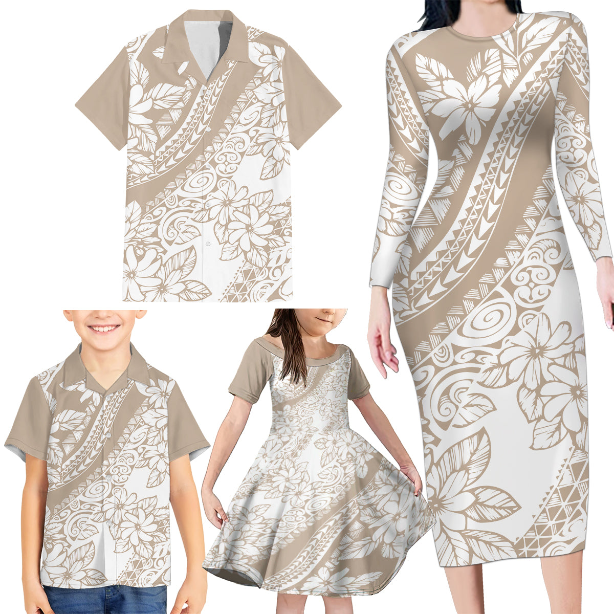Polynesia Family Matching Long Sleeve Bodycon Dress and Hawaiian Shirt Polynesian Tropical Flowers Beige Pastel Vibes - Wonder Print Shop