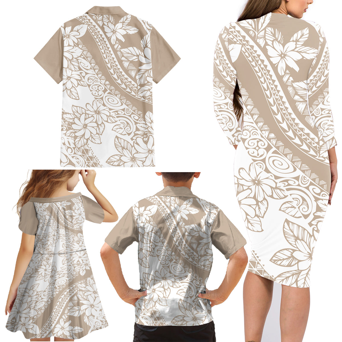 Polynesia Family Matching Long Sleeve Bodycon Dress and Hawaiian Shirt Polynesian Tropical Flowers Beige Pastel Vibes - Wonder Print Shop