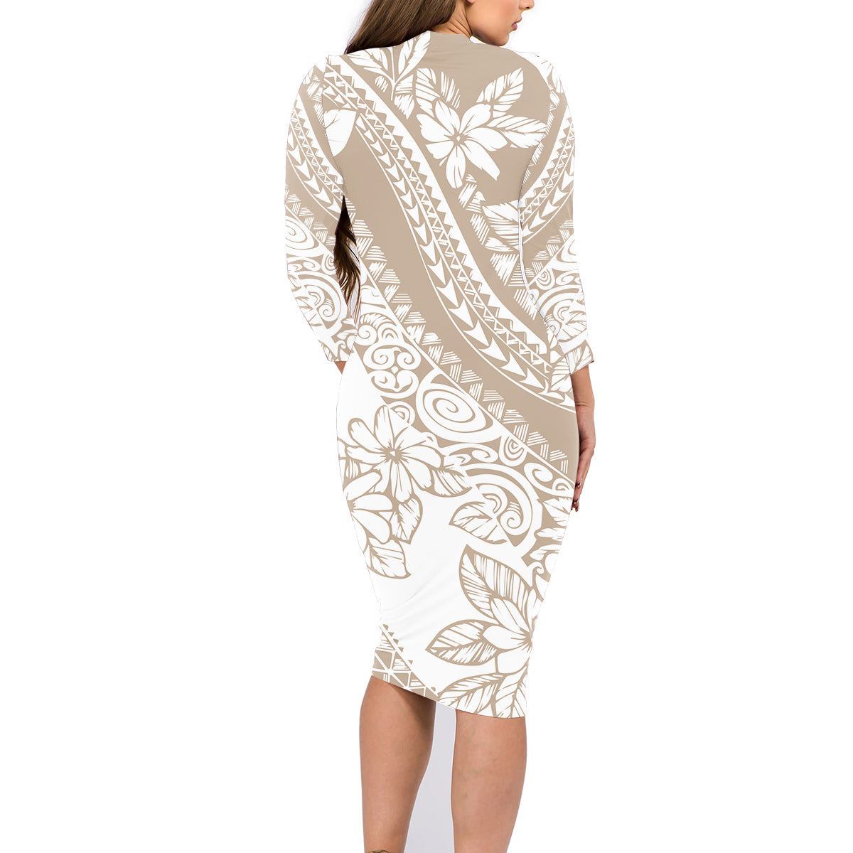 Polynesia Family Matching Long Sleeve Bodycon Dress and Hawaiian Shirt Polynesian Tropical Flowers Beige Pastel Vibes - Wonder Print Shop