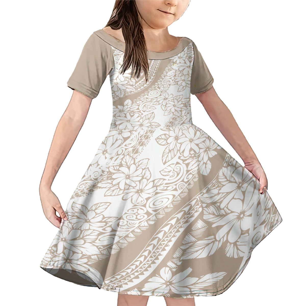 Polynesia Family Matching Mermaid Dress and Hawaiian Shirt Polynesian Tropical Flowers Beige Pastel Vibes - Wonder Print Shop