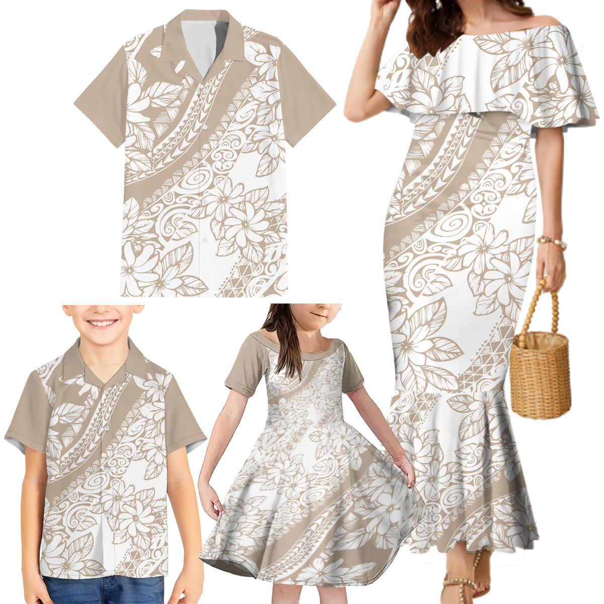 Polynesia Family Matching Mermaid Dress and Hawaiian Shirt Polynesian Tropical Flowers Beige Pastel Vibes - Wonder Print Shop