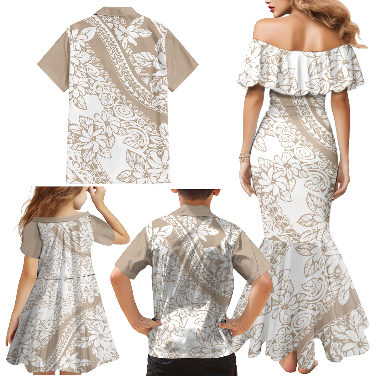 Polynesia Family Matching Mermaid Dress and Hawaiian Shirt Polynesian Tropical Flowers Beige Pastel Vibes - Wonder Print Shop