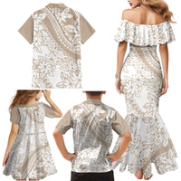Polynesia Family Matching Mermaid Dress and Hawaiian Shirt Polynesian Tropical Flowers Beige Pastel Vibes - Wonder Print Shop