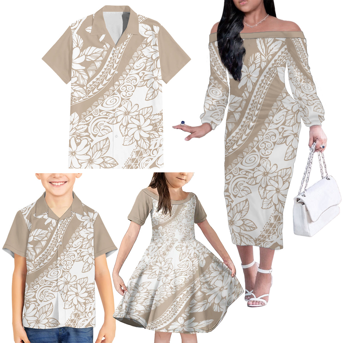 Polynesia Family Matching Off Shoulder Long Sleeve Dress and Hawaiian Shirt Polynesian Tropical Flowers Beige Pastel Vibes - Wonder Print Shop