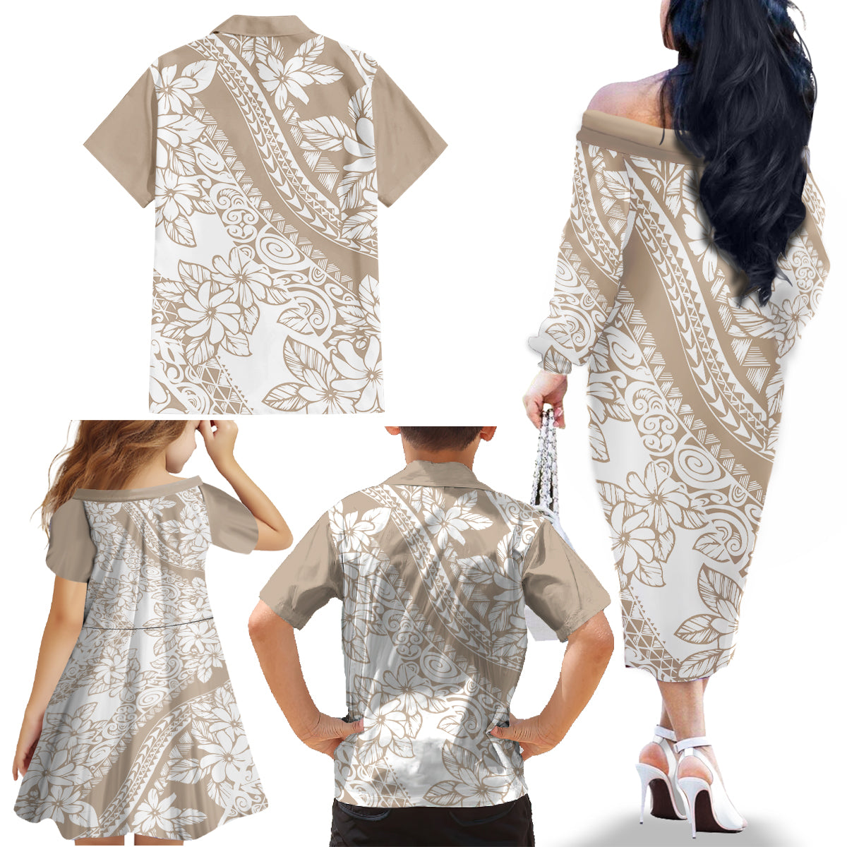 Polynesia Family Matching Off Shoulder Long Sleeve Dress and Hawaiian Shirt Polynesian Tropical Flowers Beige Pastel Vibes - Wonder Print Shop