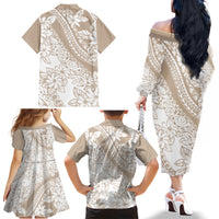 Polynesia Family Matching Off Shoulder Long Sleeve Dress and Hawaiian Shirt Polynesian Tropical Flowers Beige Pastel Vibes - Wonder Print Shop