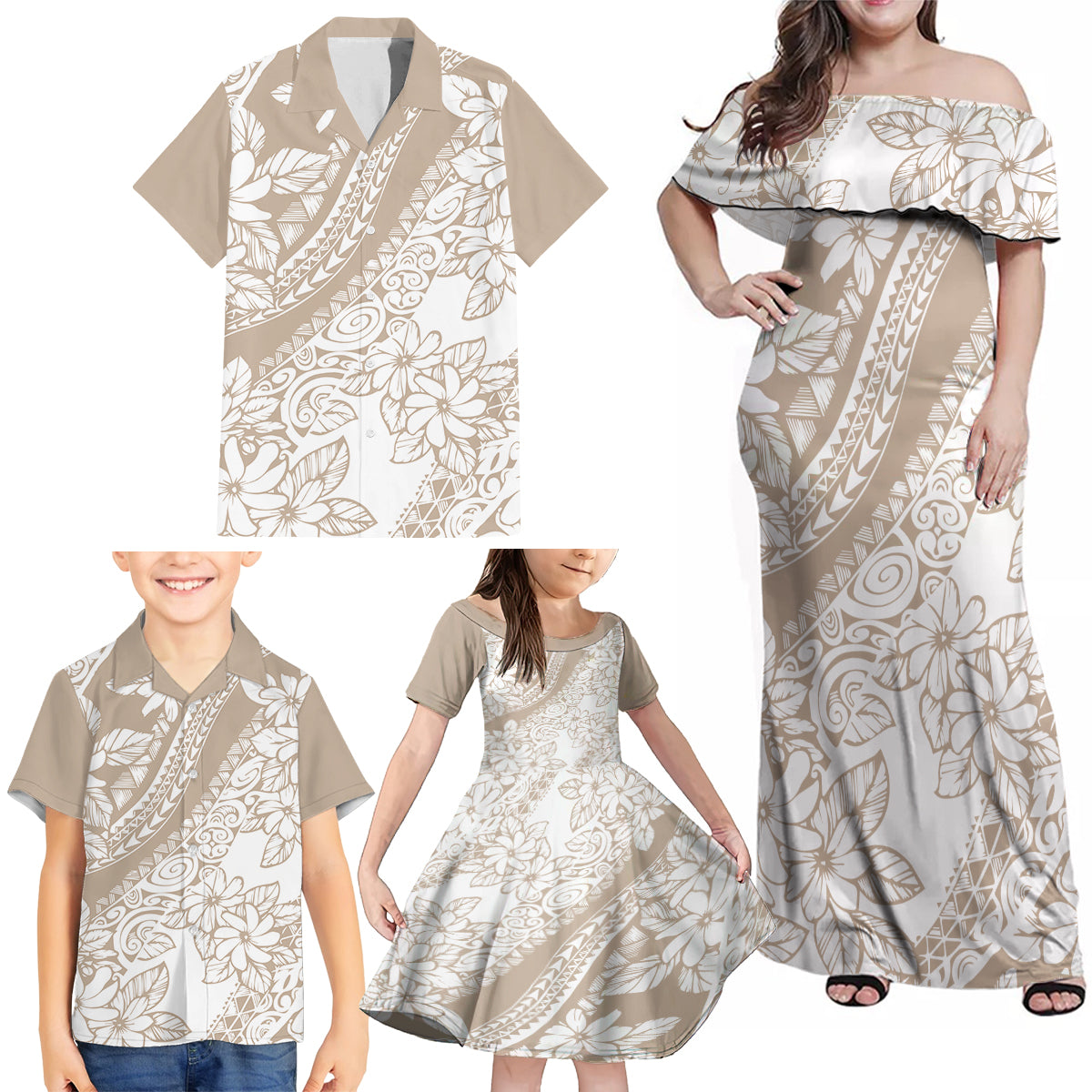 Polynesia Family Matching Off Shoulder Maxi Dress and Hawaiian Shirt Polynesian Tropical Flowers Beige Pastel Vibes - Wonder Print Shop