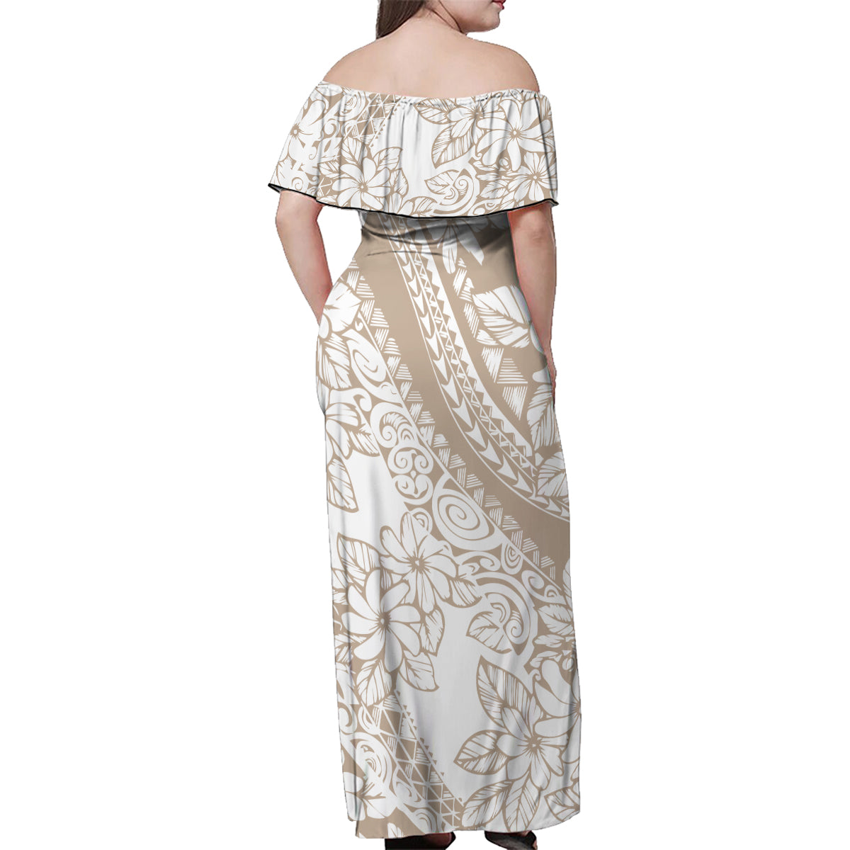Polynesia Family Matching Off Shoulder Maxi Dress and Hawaiian Shirt Polynesian Tropical Flowers Beige Pastel Vibes - Wonder Print Shop