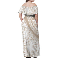 Polynesia Family Matching Off Shoulder Maxi Dress and Hawaiian Shirt Polynesian Tropical Flowers Beige Pastel Vibes - Wonder Print Shop