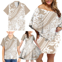 Polynesia Family Matching Off Shoulder Short Dress and Hawaiian Shirt Polynesian Tropical Flowers Beige Pastel Vibes - Wonder Print Shop