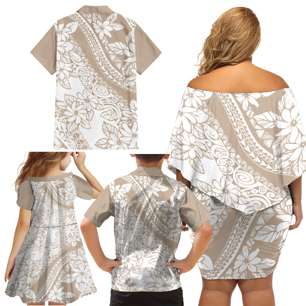 Polynesia Family Matching Off Shoulder Short Dress and Hawaiian Shirt Polynesian Tropical Flowers Beige Pastel Vibes - Wonder Print Shop