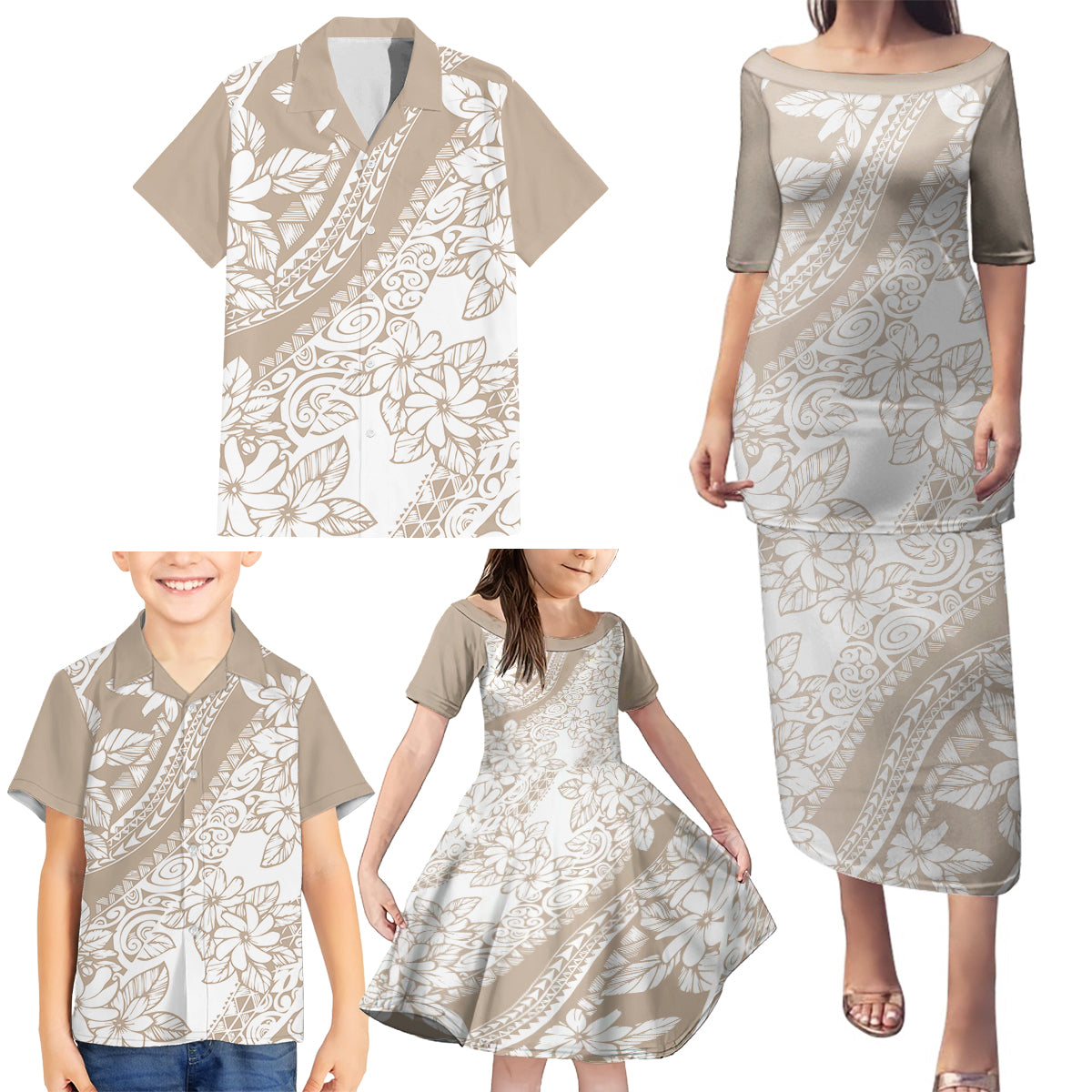 Polynesia Family Matching Puletasi Dress and Hawaiian Shirt Polynesian Tropical Flowers Beige Pastel Vibes - Wonder Print Shop