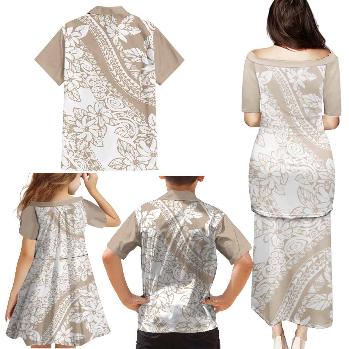 Polynesia Family Matching Puletasi Dress and Hawaiian Shirt Polynesian Tropical Flowers Beige Pastel Vibes - Wonder Print Shop