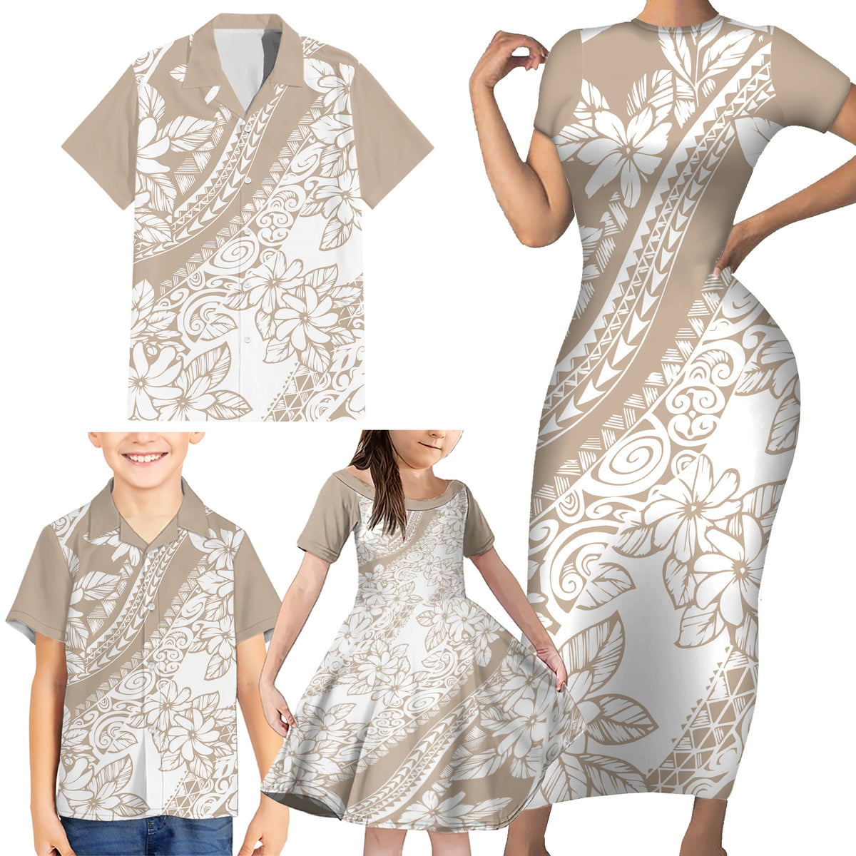 Polynesia Family Matching Short Sleeve Bodycon Dress and Hawaiian Shirt Polynesian Tropical Flowers Beige Pastel Vibes - Wonder Print Shop