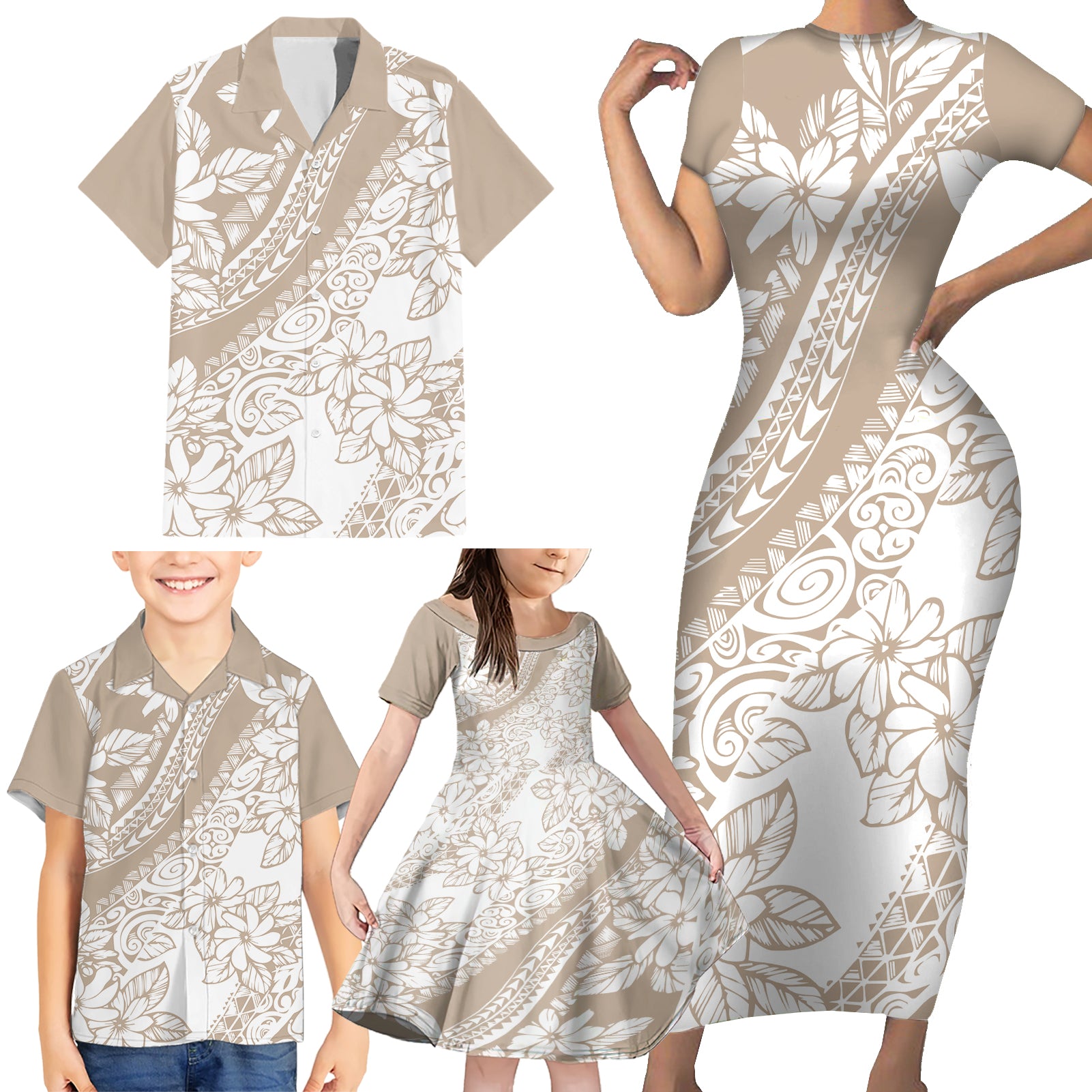 Polynesia Family Matching Short Sleeve Bodycon Dress and Hawaiian Shirt Polynesian Tropical Flowers Beige Pastel Vibes - Wonder Print Shop